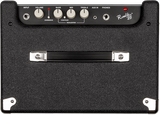 The image shows the front panel of a Fender Rumble 25 bass amplifier. It features control knobs for Input, Volume, Bass, Mid, Treble, and Aux In, an input jack for bass guitar, headphone and auxiliary input jacks, a power indicator LED, and Fender Rumble branding. The amp has a black textured finish with silver knobs, designed for bass practice with tone shaping and convenient connectivity.