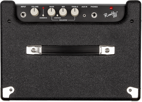 The image shows the front panel of a Fender Rumble 25 bass amplifier. It features control knobs for Input, Volume, Bass, Mid, Treble, and Aux In, an input jack for bass guitar, headphone and auxiliary input jacks, a power indicator LED, and Fender Rumble branding. The amp has a black textured finish with silver knobs, designed for bass practice with tone shaping and convenient connectivity.