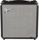 The image shows a Fender guitar amplifier, likely a small practice or combo amp. It features the classic silver Fender logo on a black and silver grille cloth, black tolex covering, a top handle, chrome corner protectors, and compact, cube-like design. This amp is designed for electric guitars, commonly used for practice, small gigs, or recording, embodying Fender’s iconic style and warm, clean tones.