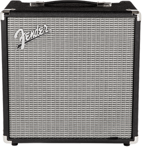 The image shows a Fender guitar amplifier, likely a small practice or combo amp. It features the classic silver Fender logo on a black and silver grille cloth, black tolex covering, a top handle, chrome corner protectors, and compact, cube-like design. This amp is designed for electric guitars, commonly used for practice, small gigs, or recording, embodying Fender’s iconic style and warm, clean tones.
