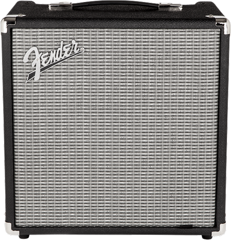 The image shows a Fender guitar amplifier, likely a small practice or combo amp. It features the classic silver Fender logo on a black and silver grille cloth, black tolex covering, a top handle, chrome corner protectors, and compact, cube-like design. This amp is designed for electric guitars, commonly used for practice, small gigs, or recording, embodying Fender’s iconic style and warm, clean tones.