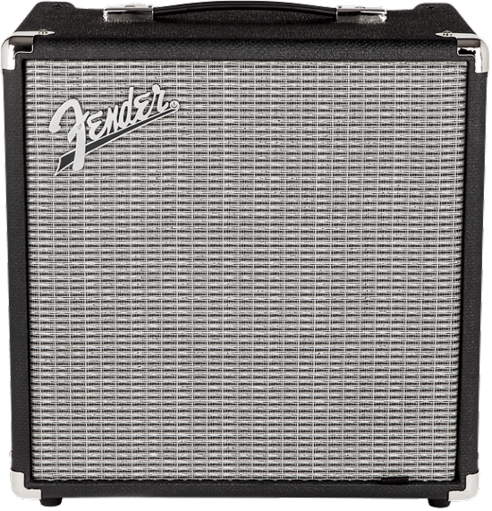 The image shows a Fender guitar amplifier, likely a small practice or combo amp. It features the classic silver Fender logo on a black and silver grille cloth, black tolex covering, a top handle, chrome corner protectors, and compact, cube-like design. This amp is designed for electric guitars, commonly used for practice, small gigs, or recording, embodying Fender’s iconic style and warm, clean tones.