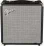 The image shows a Fender guitar amplifier, likely a small practice or combo amp. It features the classic silver Fender logo on a black and silver grille cloth, black tolex covering, a top handle, chrome corner protectors, and compact, cube-like design. This amp is designed for electric guitars, commonly used for practice, small gigs, or recording, embodying Fender’s iconic style and warm, clean tones.