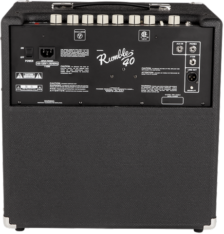The image shows a Fender Rumble 40 bass amplifier with a black textured exterior and classic Fender design. It features "Rumble 40" branding, multiple control knobs, input jacks, and a speaker grille. This compact combo amp combines the amplifier and speaker in one unit. Known for reliability and affordability, it’s a 40-watt model ideal for practice, small rehearsals, and intimate performances.