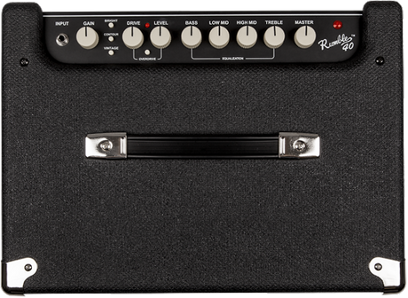 The image shows a Fender Rumble 40 bass guitar amplifier with a black textured cabinet and classic design. It features a top control panel with knobs for input gain, EQ (bass, mid, treble), master volume, and tone shaping. The amp includes the Fender logo, Rumble 40 branding, a carrying handle, input jack, and corner protectors. It’s a lightweight, 40-watt amp suitable for practice, small venues, and recording.