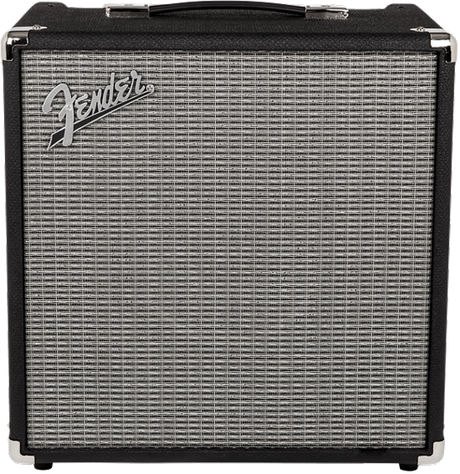 The image shows a Fender compact bass combo amplifier with a black tolex exterior, metal corner protectors, and a black handle. The silver-gray grille cloth features the Fender logo in the upper left corner. This portable amp is commonly used by bassists for practice, small gigs, or recording, offering quality bass amplification in a compact design.