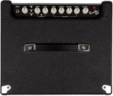 The image shows a Fender Rumble 100 bass amplifier with a black textured finish and a carrying handle. The control panel features an input jack, gain, drive, level, bass, low mid, high mid, treble, and master volume knobs. It has small feet for stability and compact combo design. The "Rumble 100" branding is visible, indicating it’s part of Fender’s lightweight, versatile bass amplifier series.