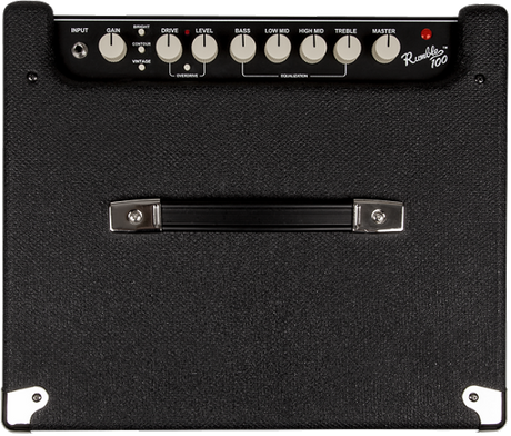The image shows a Fender Rumble 100 bass amplifier with a black textured finish and a carrying handle. The control panel features an input jack, gain, drive, level, bass, low mid, high mid, treble, and master volume knobs. It has small feet for stability and compact combo design. The "Rumble 100" branding is visible, indicating it’s part of Fender’s lightweight, versatile bass amplifier series.