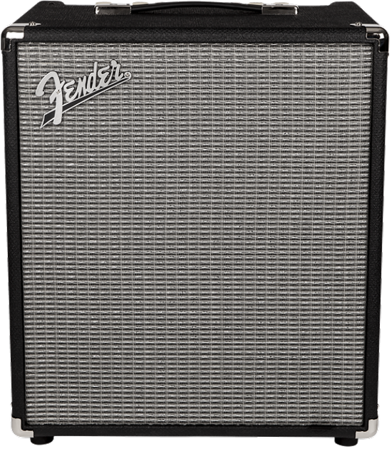 The image shows a Fender bass amplifier with the classic black vinyl covering, silver-gray speaker grille cloth, and the distinctive Fender logo on the front. This combo amp combines the amplifier and speaker in one unit, designed to deliver the power and low-frequency response needed for bass guitars. Its sturdy build and portability make it ideal for practice, recording, or live performances.