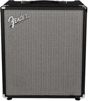 The image shows a Fender bass amplifier with the classic black vinyl covering, silver-gray speaker grille cloth, and the distinctive Fender logo on the front. This combo amp combines the amplifier and speaker in one unit, designed to deliver the power and low-frequency response needed for bass guitars. Its sturdy build and portability make it ideal for practice, recording, or live performances.