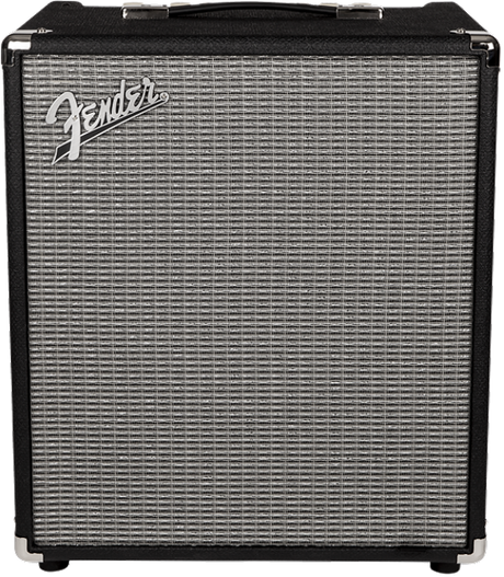 The image shows a Fender bass amplifier with the classic black vinyl covering, silver-gray speaker grille cloth, and the distinctive Fender logo on the front. This combo amp combines the amplifier and speaker in one unit, designed to deliver the power and low-frequency response needed for bass guitars. Its sturdy build and portability make it ideal for practice, recording, or live performances.