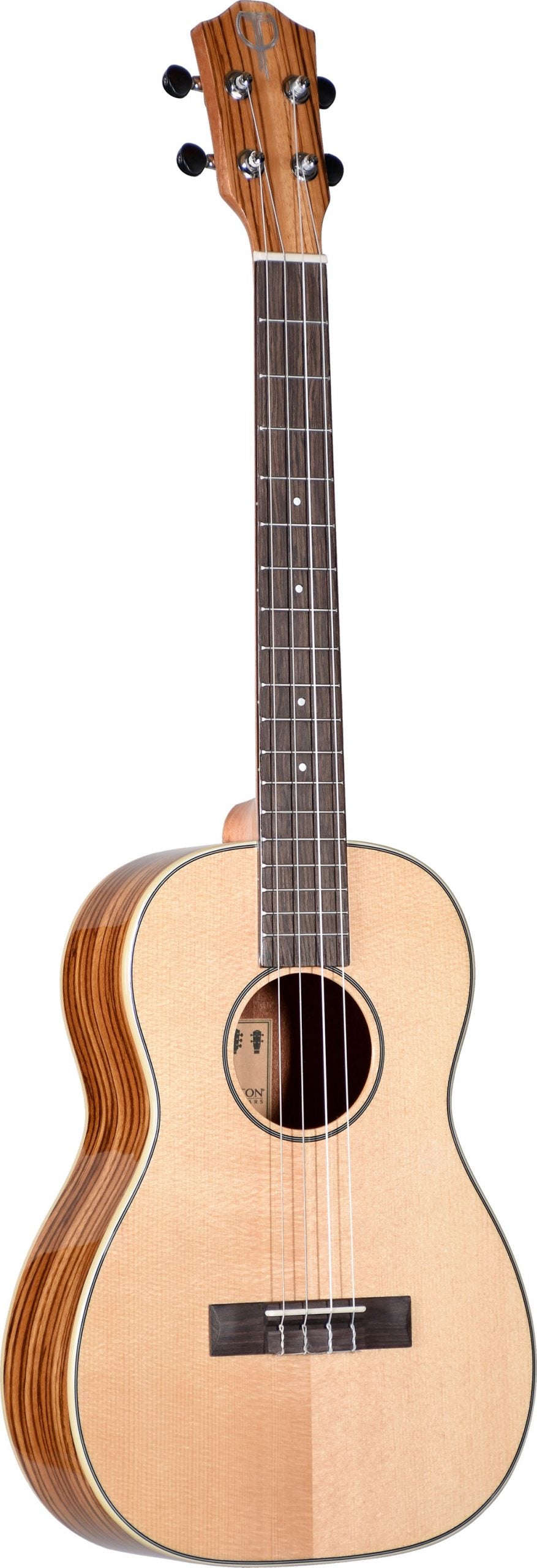The image shows a Teton TB160ZWG Baritone Ukulele with a natural light wood solid spruce top, layered Zebra wood back and sides, and a Techwood fingerboard. It has four strings, chrome tuning pegs, white dot fret markers, and a dark bridge. 
