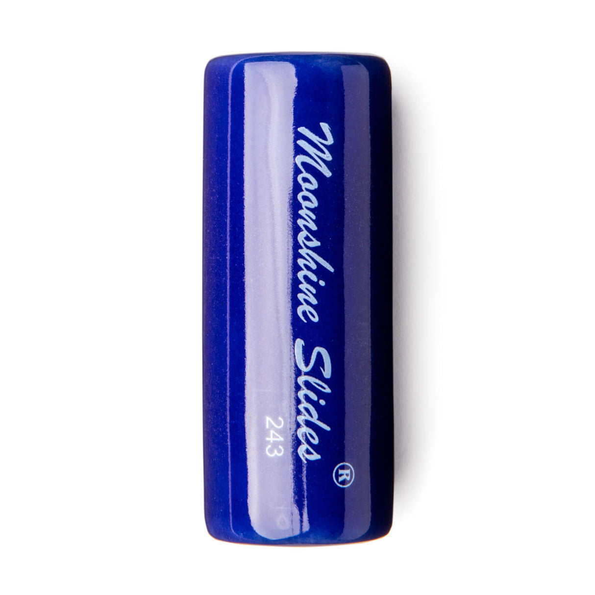 Blue ceramic guitar slide with 'Moonshine Slides' branding on a white background