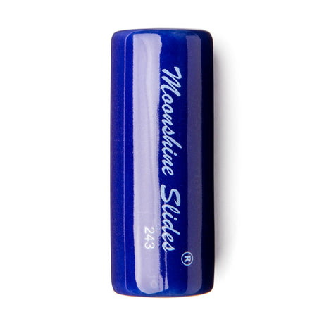 Blue ceramic guitar slide with 'Moonshine Slides' branding on a white background