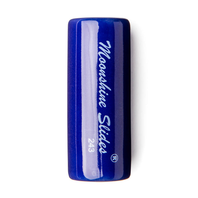 Blue ceramic guitar slide with 'Moonshine Slides' branding on a white background
