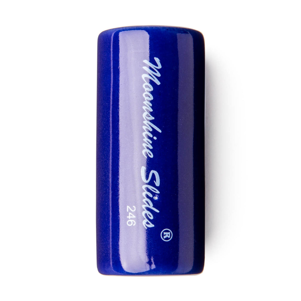 A blue ceramic guitar slide with 'Moonshine Slides' branding on a white background