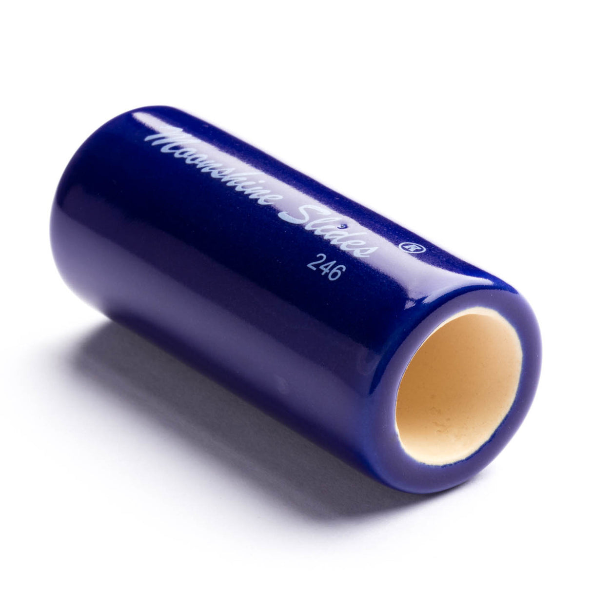 A blue ceramic guitar slide on a white background