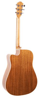 The image shows the back view of an acoustic guitar with a wooden body featuring a natural grain, likely mahogany. It has a dreadnought-style large body with light-colored binding and a cutaway for easier fret access. The neck extends to a headstock with six chrome tuning pegs arranged 3+3. This well-crafted guitar is suited for various music styles, indicating a mid to high-end quality instrument.