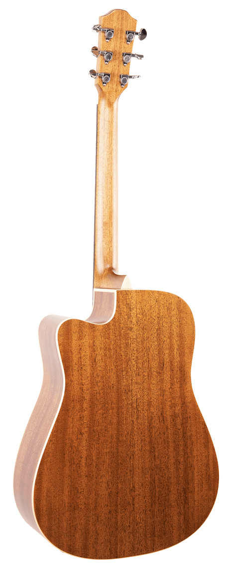 The image shows the back view of an acoustic guitar with a wooden body featuring a natural grain, likely mahogany. It has a dreadnought-style large body with light-colored binding and a cutaway for easier fret access. The neck extends to a headstock with six chrome tuning pegs arranged 3+3. This well-crafted guitar is suited for various music styles, indicating a mid to high-end quality instrument.