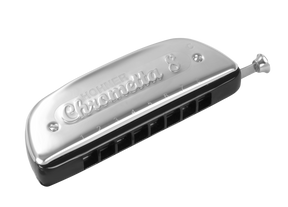 The image shows a chromatic harmonica with a shiny metal top plate engraved "Chrometta-8," likely a Hohner model. It features multiple blow/draw holes in a row, a slide button on the right for accessing sharps and flats, and black plastic comb sections. The harmonica has a sleek, professional design and is used in genres like jazz and classical for playing all chromatic notes.