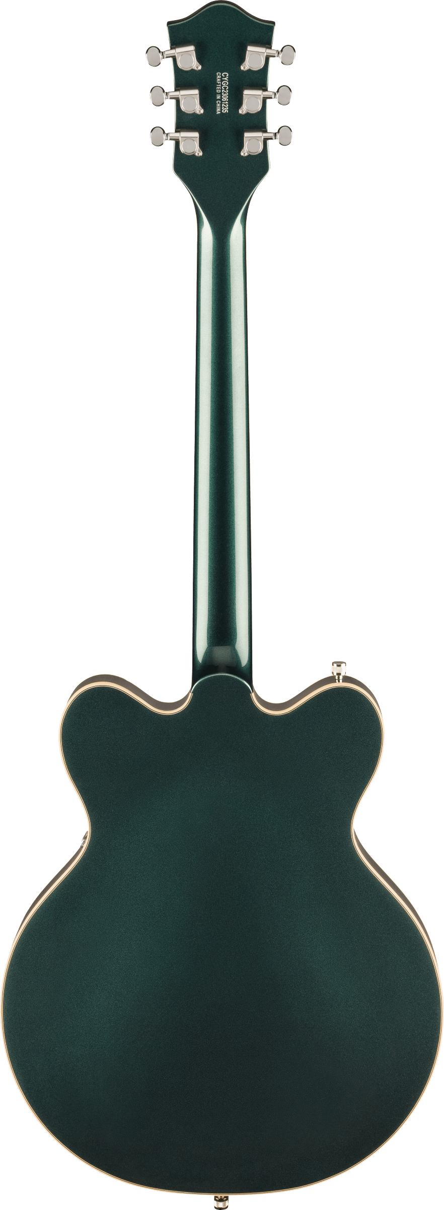 The image shows the back of a high-end electric guitar with a dark green finish and cream binding. It has a hollow or semi-hollow archtop body and a long neck. The headstock features six chrome tuning pegs with white buttons in a 3+3 layout and partial "Gretsch" branding. The design and hardware suggest a professional-grade Gretsch model popular in jazz, country, and rock genres.