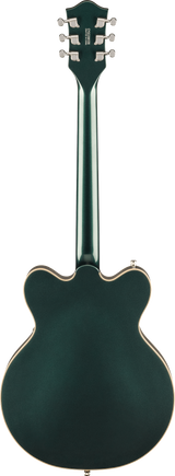 The image shows the back of a high-end electric guitar with a dark green finish and cream binding. It has a hollow or semi-hollow archtop body and a long neck. The headstock features six chrome tuning pegs with white buttons in a 3+3 layout and partial "Gretsch" branding. The design and hardware suggest a professional-grade Gretsch model popular in jazz, country, and rock genres.
