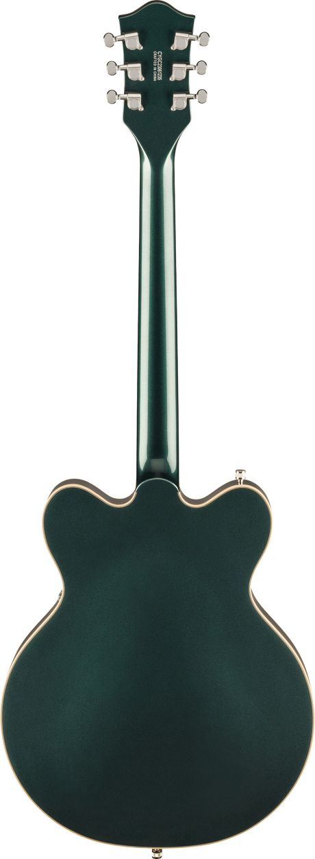 The image shows the back of a high-end electric guitar with a dark green finish and cream binding. It has a hollow or semi-hollow archtop body and a long neck. The headstock features six chrome tuning pegs with white buttons in a 3+3 layout and partial "Gretsch" branding. The design and hardware suggest a professional-grade Gretsch model popular in jazz, country, and rock genres.