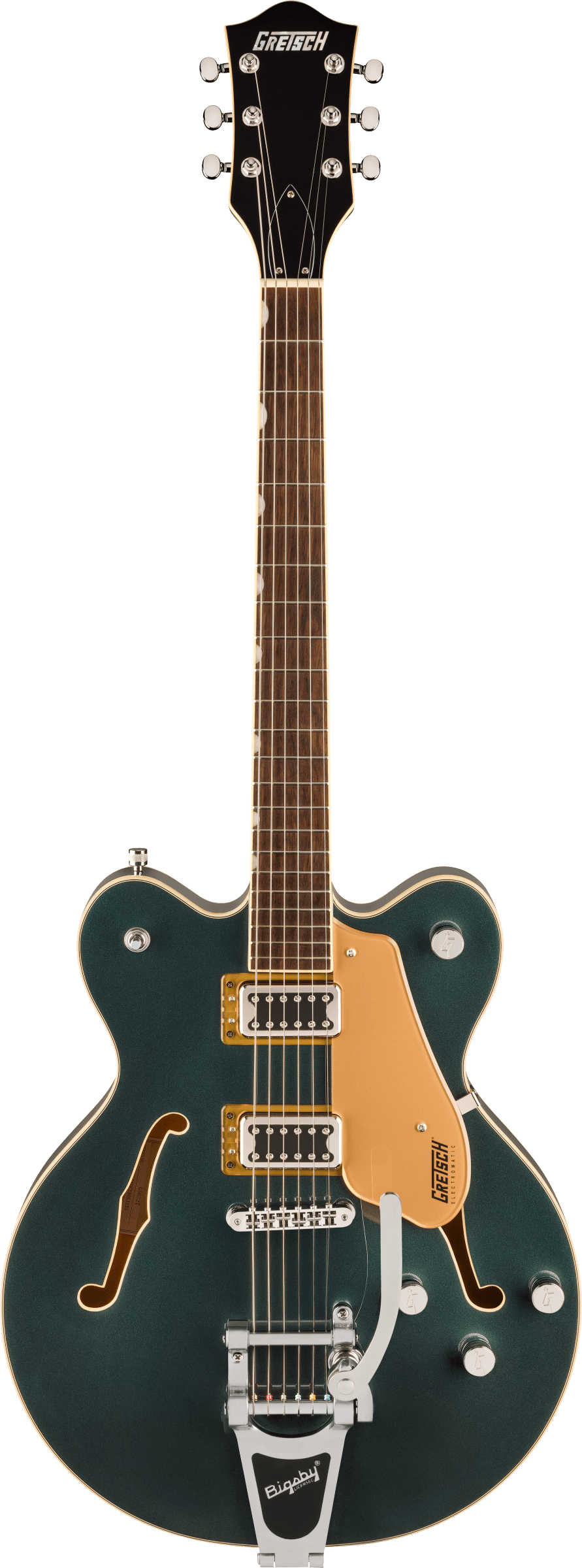 The image shows a Gretsch hollow-body electric guitar with a dark green/teal finish and f-holes. It features two humbucking pickups with gold pickup rings, a Bigsby vibrato tailpiece, chrome hardware, and an orange pickguard. The rosewood fingerboard has standard fret markers, and multiple volume/tone knobs are on the lower bout. The black headstock displays the Gretsch logo, typical of their vintage-inspired semi-acoustic models.