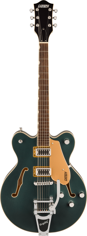 The image shows a Gretsch hollow-body electric guitar with a dark green/teal finish and f-holes. It features two humbucking pickups with gold pickup rings, a Bigsby vibrato tailpiece, chrome hardware, and an orange pickguard. The rosewood fingerboard has standard fret markers, and multiple volume/tone knobs are on the lower bout. The black headstock displays the Gretsch logo, typical of their vintage-inspired semi-acoustic models.