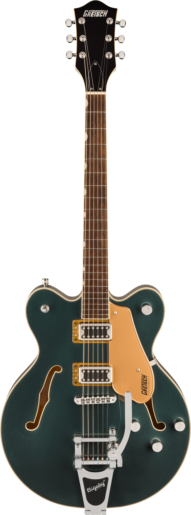 The image shows a Gretsch hollow-body electric guitar with a dark green/teal finish and f-holes. It features two humbucking pickups with gold pickup rings, a Bigsby vibrato tailpiece, chrome hardware, and an orange pickguard. The rosewood fingerboard has standard fret markers, and multiple volume/tone knobs are on the lower bout. The black headstock displays the Gretsch logo, typical of their vintage-inspired semi-acoustic models.