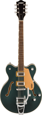 The image shows a Gretsch hollow-body electric guitar with a dark green/teal finish and f-holes. It features two humbucking pickups with gold pickup rings, a Bigsby vibrato tailpiece, chrome hardware, and an orange pickguard. The rosewood fingerboard has standard fret markers, and multiple volume/tone knobs are on the lower bout. The black headstock displays the Gretsch logo, typical of their vintage-inspired semi-acoustic models.