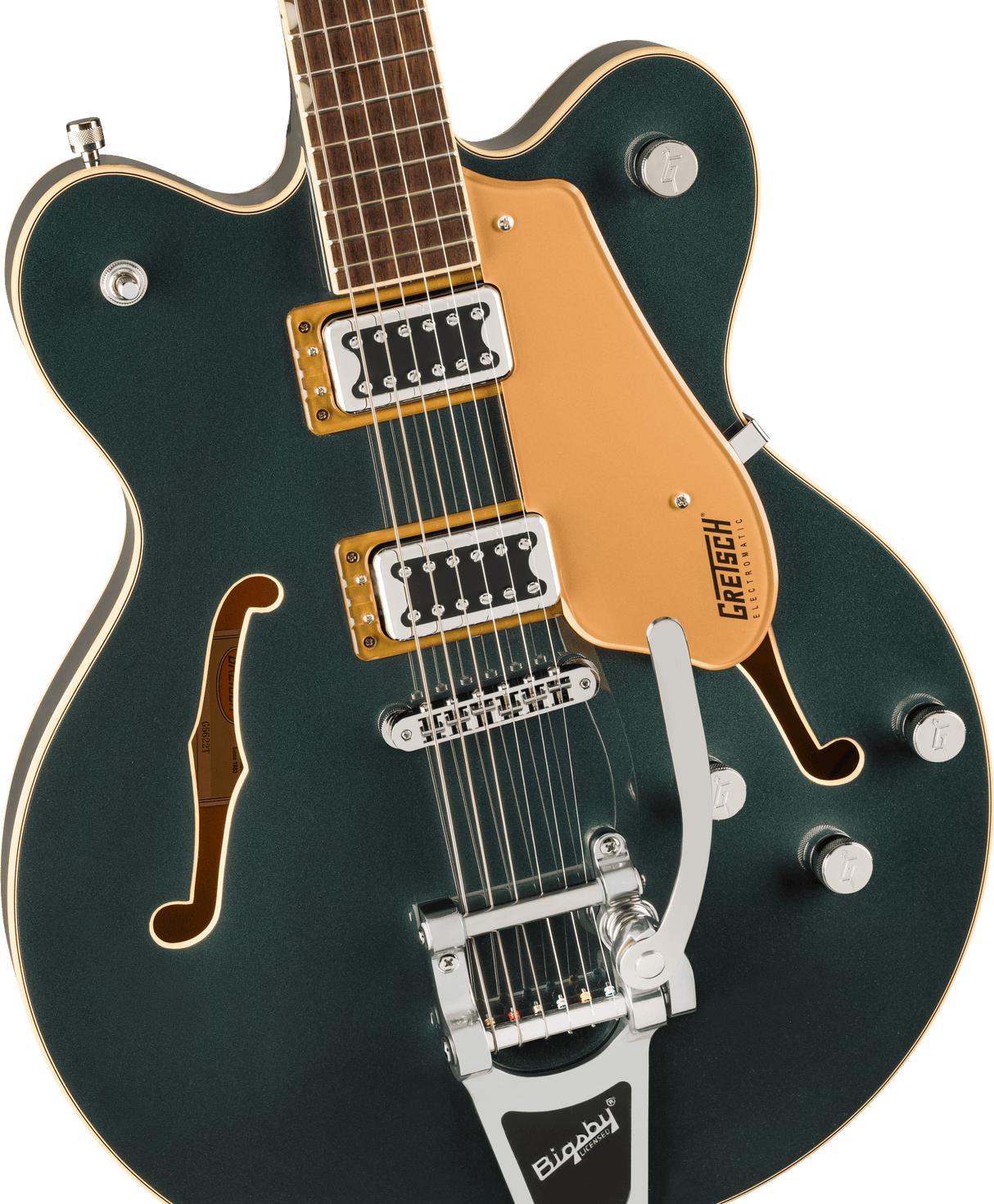 The image shows a beautiful Gretsch hollow-body electric guitar with a deep green finish and cream binding. It features f-holes, an orange pickguard with the "GRETSCH" logo, two gold-ringed humbucking pickups, a Bigsby vibrato tailpiece, four control knobs, a rosewood fingerboard with dot inlays, and chrome hardware. This high-end model blends classic Gretsch style with versatile tones ideal for rockabilly, jazz, and indie rock.