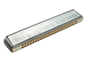 The image shows a Hohner diatonic harmonica, also known as a blues harp. It features chrome cover plates with decorative etching, the Hohner logo, brass reed plates, and multiple reed chambers typical of 10-hole harmonicas. This compact wind instrument from the free reed family is popular in blues, folk, country, and rock music for its quality, reliability, and distinctive sound.