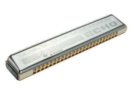 The image shows a Hohner diatonic harmonica, also known as a blues harp. It features chrome cover plates with decorative etching, the Hohner logo, brass reed plates, and multiple reed chambers typical of 10-hole harmonicas. This compact wind instrument from the free reed family is popular in blues, folk, country, and rock music for its quality, reliability, and distinctive sound.