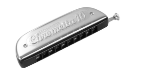 The image shows a Hohner Chrometta 10 chromatic harmonica with chrome-plated metal covers and a black plastic comb. It features 10 holes, a slide button on the right for accessing sharps and flats, and engraved branding. This intermediate-level wind instrument offers 2.5 octaves and full chromatic range, made by the renowned German manufacturer Hohner.