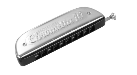 The image shows a Hohner Chrometta 10 chromatic harmonica with chrome-plated metal covers and a black plastic comb. It features 10 holes, a slide button on the right for accessing sharps and flats, and engraved branding. This intermediate-level wind instrument offers 2.5 octaves and full chromatic range, made by the renowned German manufacturer Hohner.