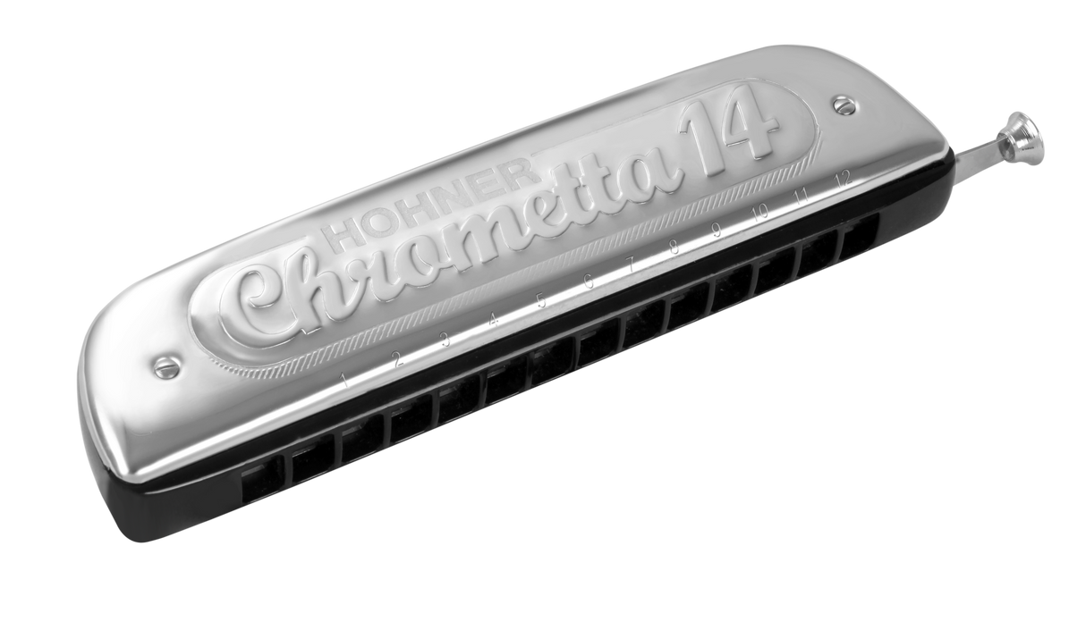 The image shows a Hohner Chrometta 14 chromatic harmonica with a silver metal cover plate and black comb. It features the distinctive slide button on the right, multiple numbered holes along the front, and the Hohner brand name. This 14-hole instrument provides 3.5 octaves and full chromatic range, suitable for jazz, classical, and other styles requiring all 12 chromatic notes.