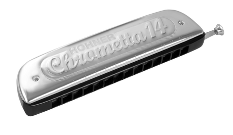 The image shows a Hohner Chrometta 14 chromatic harmonica with a silver metal cover plate and black comb. It features the distinctive slide button on the right, multiple numbered holes along the front, and the Hohner brand name. This 14-hole instrument provides 3.5 octaves and full chromatic range, suitable for jazz, classical, and other styles requiring all 12 chromatic notes.