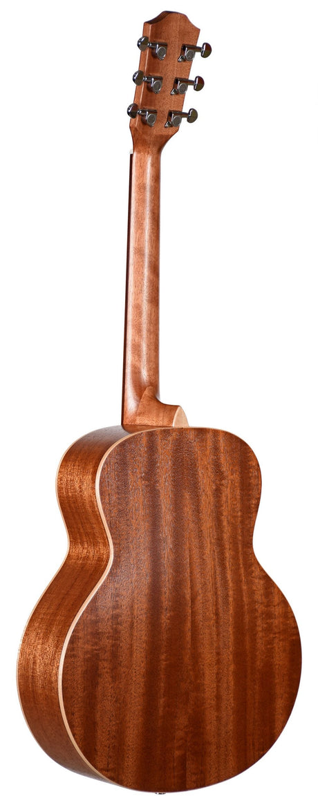 The image shows the back of an acoustic guitar with a rich, warm brown wood finish and visible grain patterns. It features light-colored binding, a smooth polished surface, and six dark tuning pegs in a 3+3 layout on the headstock. The guitar has a traditional body shape with curved sides, a well-crafted neck joint, and clean, professional construction indicating quality craftsmanship.