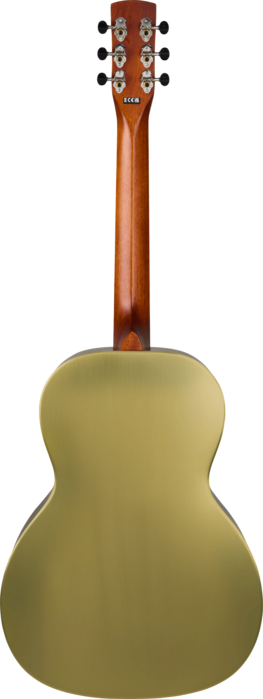 The image shows the back of an acoustic guitar with a wooden headstock featuring 6 tuning pegs with black knobs and decorative metal plates. It has a slim reddish-brown neck and a concert-sized body with a matte olive-green back. The neck joins the body with a typical heel joint. The headstock displays the brand name "KONA." This guitar appears to be an entry-level to mid-range model with a unique colored back.