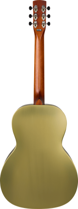 The image shows the back of an acoustic guitar with a wooden headstock featuring 6 tuning pegs with black knobs and decorative metal plates. It has a slim reddish-brown neck and a concert-sized body with a matte olive-green back. The neck joins the body with a typical heel joint. The headstock displays the brand name "KONA." This guitar appears to be an entry-level to mid-range model with a unique colored back.