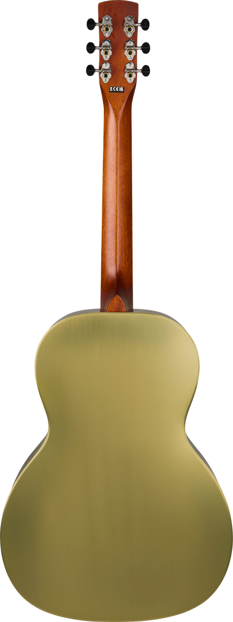 The image shows the back of an acoustic guitar with a wooden headstock featuring 6 tuning pegs with black knobs and decorative metal plates. It has a slim reddish-brown neck and a concert-sized body with a matte olive-green back. The neck joins the body with a typical heel joint. The headstock displays the brand name "KONA." This guitar appears to be an entry-level to mid-range model with a unique colored back.