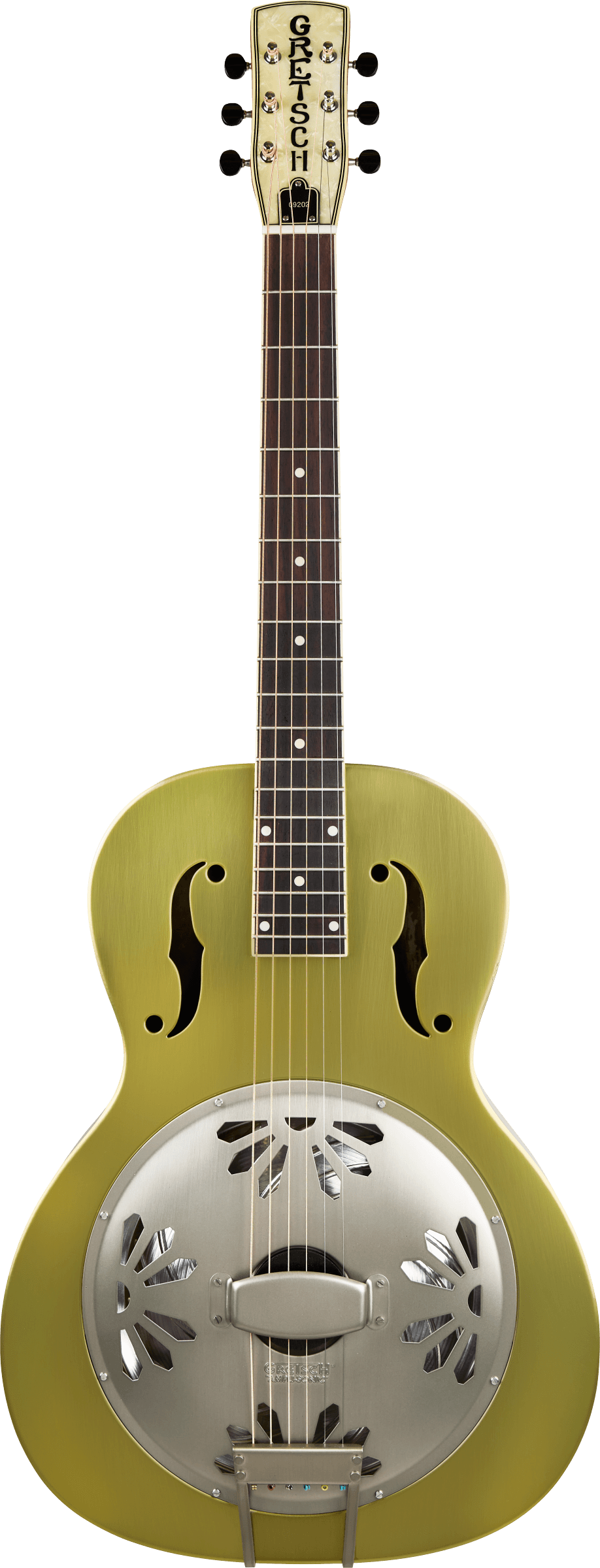The image shows a Gretsch resonator guitar with a light green wooden body, metal resonator cone, and f-holes. It features a dark fretboard, six strings, and traditional tuning pegs. The resonator cone amplifies sound, giving the guitar a distinctive bright, metallic tone. This hybrid design combines acoustic wood with metal to produce a louder, unique sound popular in blues, bluegrass, and folk music.