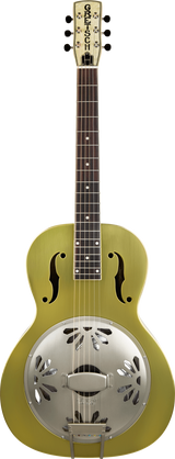 The image shows a Gretsch resonator guitar with a light green wooden body, metal resonator cone, and f-holes. It features a dark fretboard, six strings, and traditional tuning pegs. The resonator cone amplifies sound, giving the guitar a distinctive bright, metallic tone. This hybrid design combines acoustic wood with metal to produce a louder, unique sound popular in blues, bluegrass, and folk music.