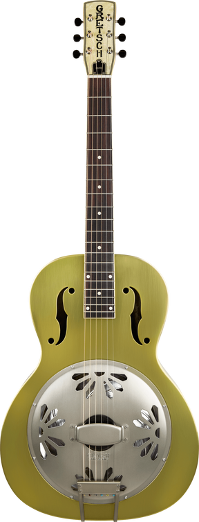 The image shows a Gretsch resonator guitar with a light green wooden body, metal resonator cone, and f-holes. It features a dark fretboard, six strings, and traditional tuning pegs. The resonator cone amplifies sound, giving the guitar a distinctive bright, metallic tone. This hybrid design combines acoustic wood with metal to produce a louder, unique sound popular in blues, bluegrass, and folk music.