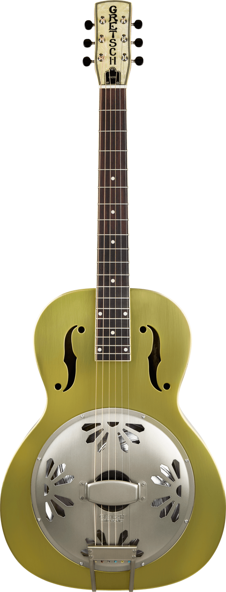 The image shows a Gretsch resonator guitar with a light green wooden body, metal resonator cone, and f-holes. It features a dark fretboard, six strings, and traditional tuning pegs. The resonator cone amplifies sound, giving the guitar a distinctive bright, metallic tone. This hybrid design combines acoustic wood with metal to produce a louder, unique sound popular in blues, bluegrass, and folk music.