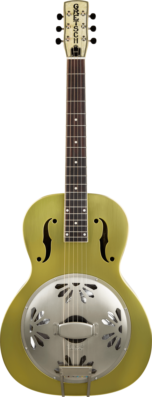 The image shows a Gretsch resonator guitar with a light green wooden body, metal resonator cone, and f-holes. It features a dark fretboard, six strings, and traditional tuning pegs. The resonator cone amplifies sound, giving the guitar a distinctive bright, metallic tone. This hybrid design combines acoustic wood with metal to produce a louder, unique sound popular in blues, bluegrass, and folk music.