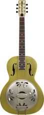 The image shows a Gretsch resonator guitar with a light green wooden body, metal resonator cone, and f-holes. It features a dark fretboard, six strings, and traditional tuning pegs. The resonator cone amplifies sound, giving the guitar a distinctive bright, metallic tone. This hybrid design combines acoustic wood with metal to produce a louder, unique sound popular in blues, bluegrass, and folk music.