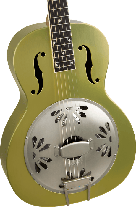 The image shows a resonator guitar with a metallic resonator cone, olive green body, F-holes, and a dark fretboard with inlays. This acoustic guitar uses a metal cone to amplify sound mechanically, popular in blues, bluegrass, and folk music. The decorative cone and vintage design indicate a modern reproduction of the classic 1920s style.