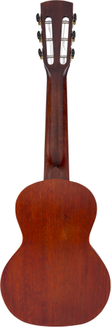 The image shows the back view of a classical guitar with a figure-8 body in reddish-brown wood, likely mahogany. It features a slotted headstock with six tuning pegs in a 3+3 arrangement, and a wooden neck matching the body finish. The flat back and visible wood grain indicate quality craftsmanship, typical of nylon-string classical guitars used for fingerstyle, flamenco, or classical playing.